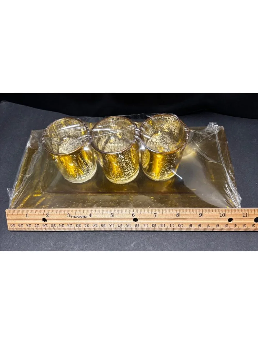 3 Piece Gold Color Glass Tealight Candle Holder Set On Rectangular Tray Stones